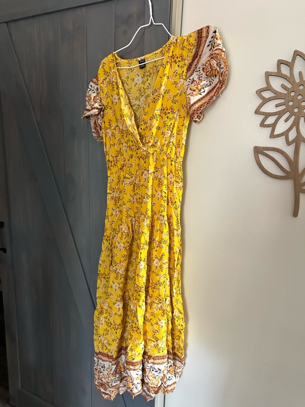 Bright Yellow Floral Midi Dress with Puff Sleeves